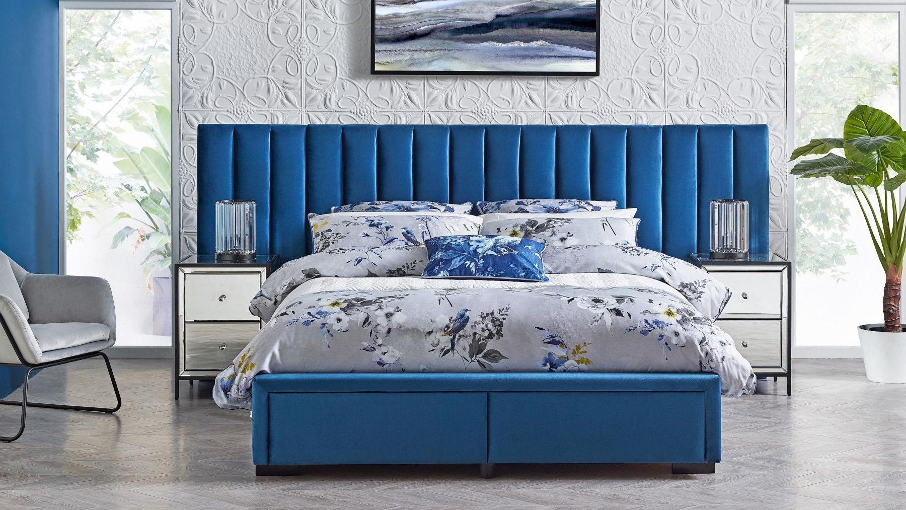 Kier 4 Drawer Blue Bed King, Navy Bed Frame King