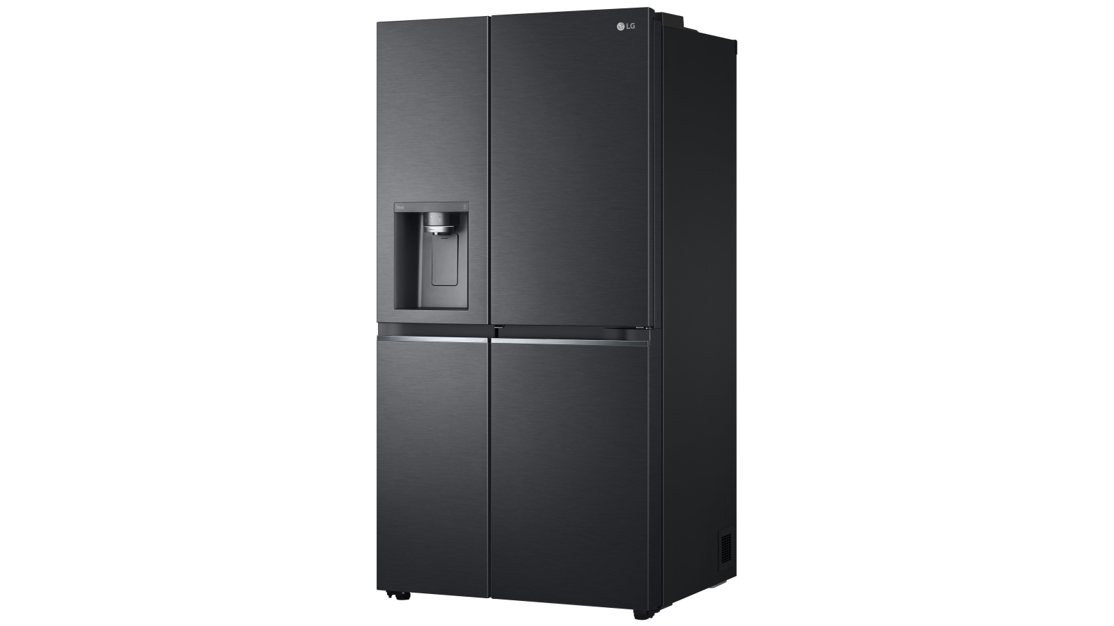 side by side black refrigerator with ice maker