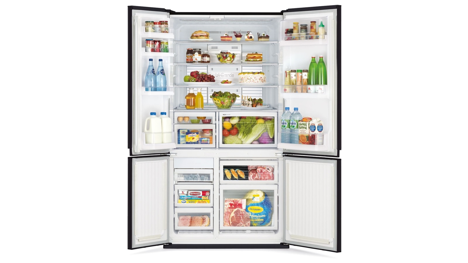 mitsubishi 650l l4 glass french door fridge brilliant black