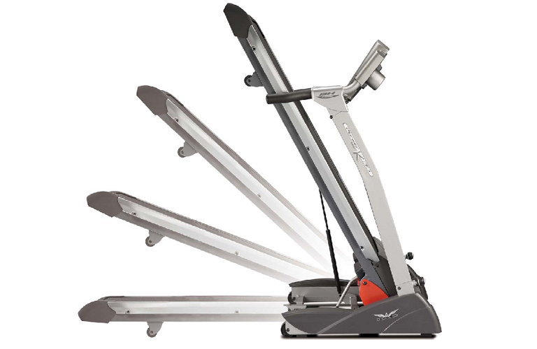 A diagram demonstrating the T200 treadmill's fold away design