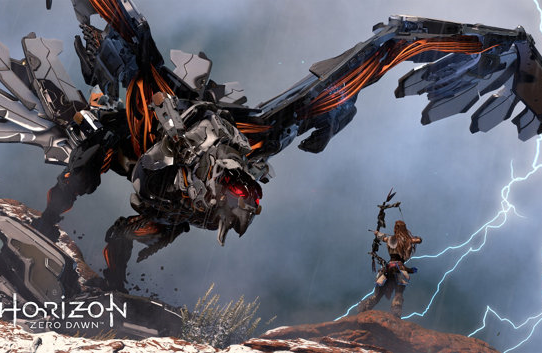 Horizon Zero Dawn's Aloy fighting a mechnical dragon.