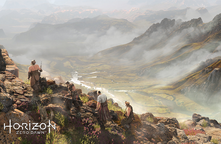 Artwork from Horizon Zero Dawn looking from the top of a mountain into a grassy valley.