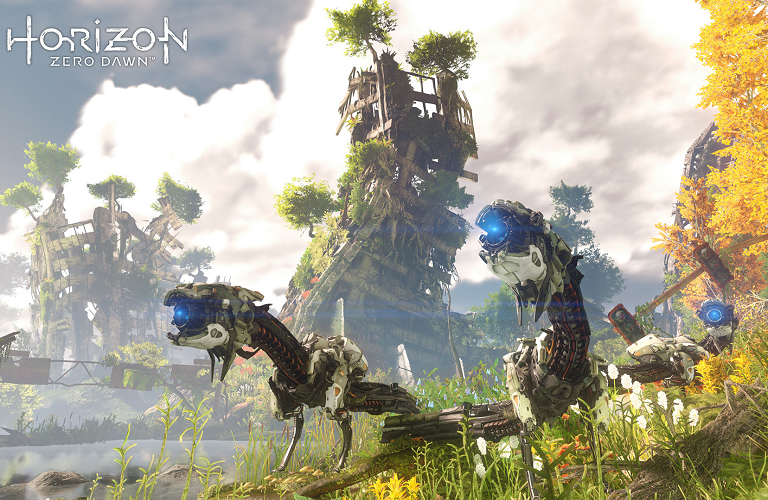 2 mechanical monsters in Horizon Zero Dawn standing beside the crumbling ruins of skyscrapers.