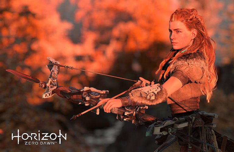 Aloy from Horizon Zero Dawn notching an arrow to her bow.