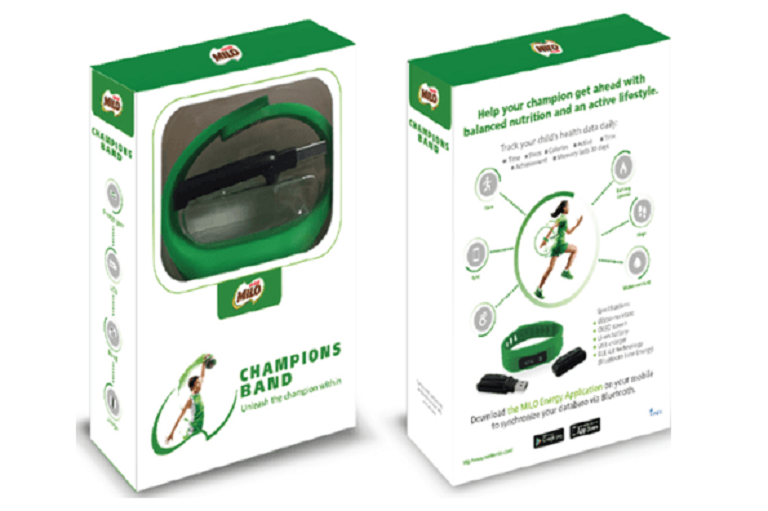 Front and rear shots of the Milo Champions Band in package