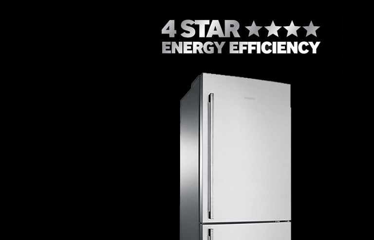 SRL458ELS fridge with 4-star energy efficency rating sign.