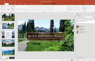 Office 2016 open with a PowerPoint presentation.