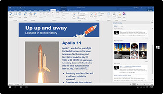 Office 365 on a tablet
showing an open document in Word.