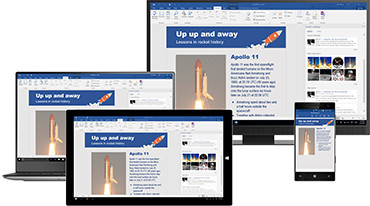 A range of devices showing
an open document in Office 365 Word on each.