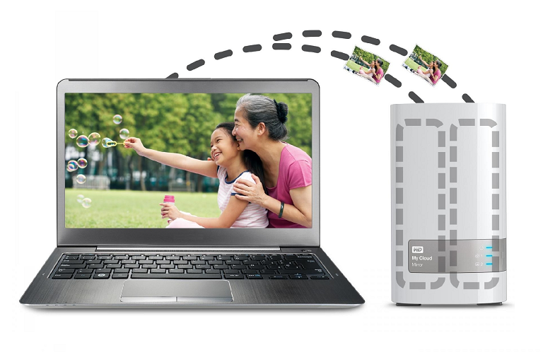 A diagram showing a laptop backing up files to the My Cloud Mirror's twin hard drives