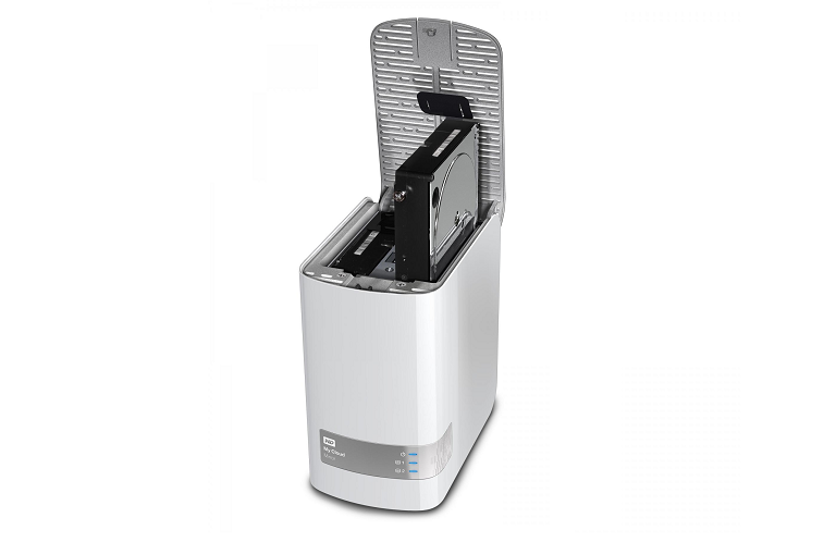 The My Cloud Mirror network hard drive with drive compartment open, showing the hard drives within