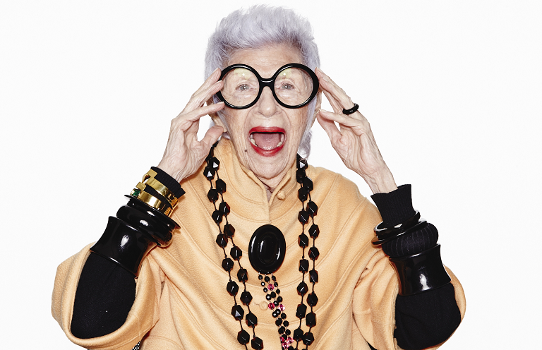 A close up of Iris Apfel wearing a
Wisewear socialite activity tracker.