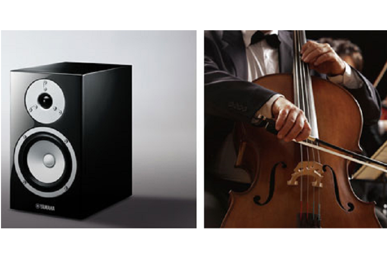 The Yamaha MusicCast speaker beside a close up of a violinist